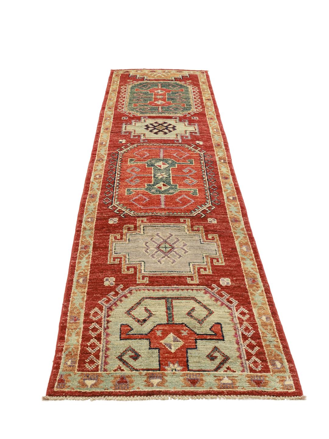 Handgeknoopte Afghaanse Kazak loper in rood met geometrische medaillonpatronen