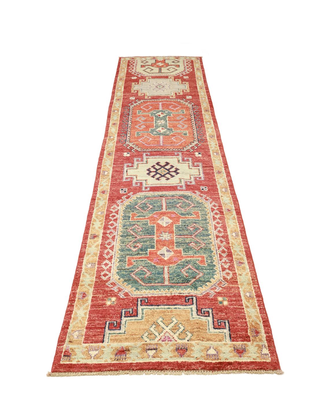 Handgeknoopte Afghaanse Kazak loper in rood met geometrische medaillonpatronen