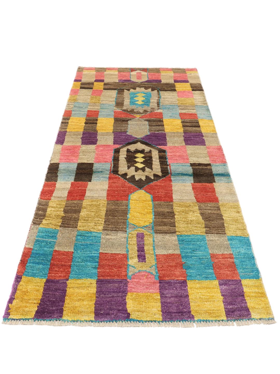 Handgeknoopte Afghaanse loper met een levendig veelkleurig geometrisch patroon