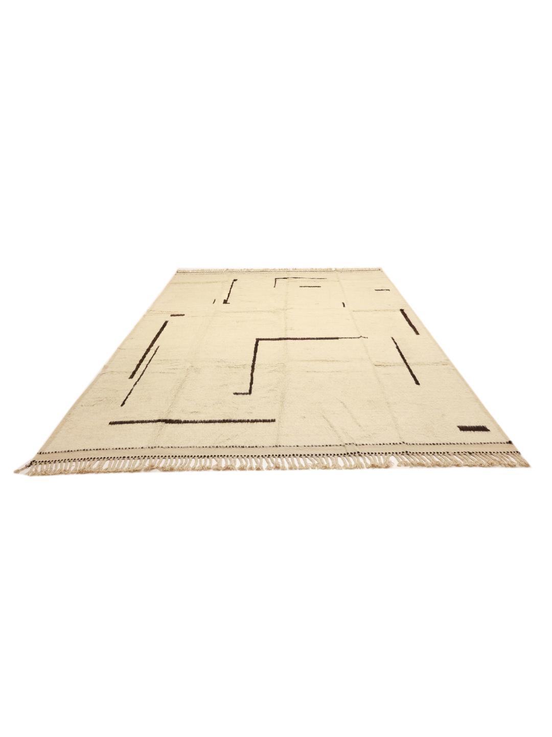 Tapis afghan noué à la main avec un motif géométrique minimaliste en beige et noir.