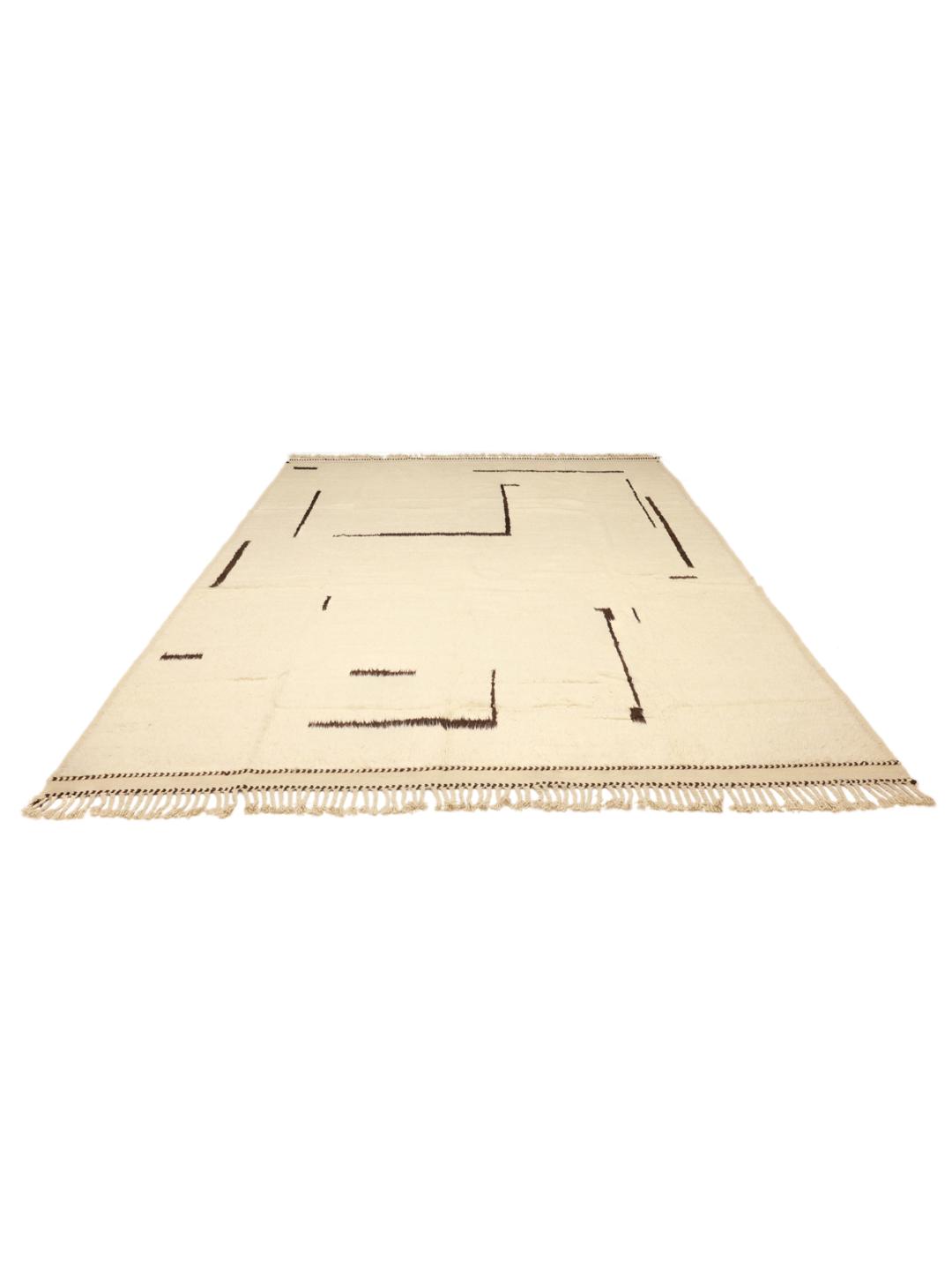 Tapis afghan noué à la main avec un motif géométrique minimaliste en beige et noir.