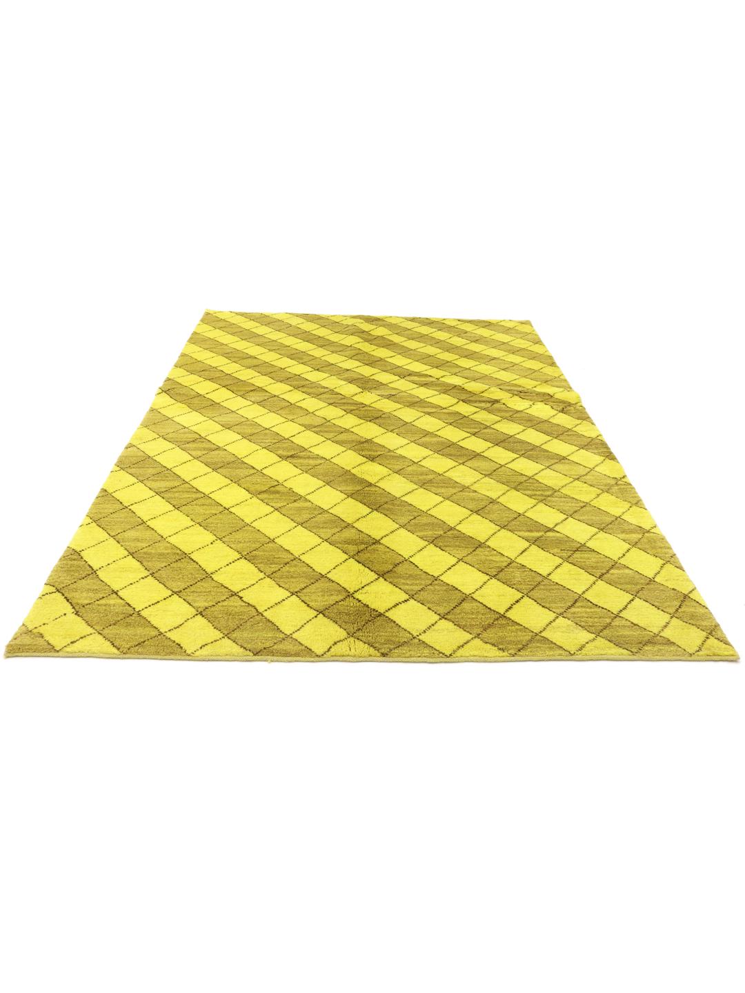 Handgeknoopt Gabbeh Fine tapijt met een geel en bruin geometrisch ruitpatroon