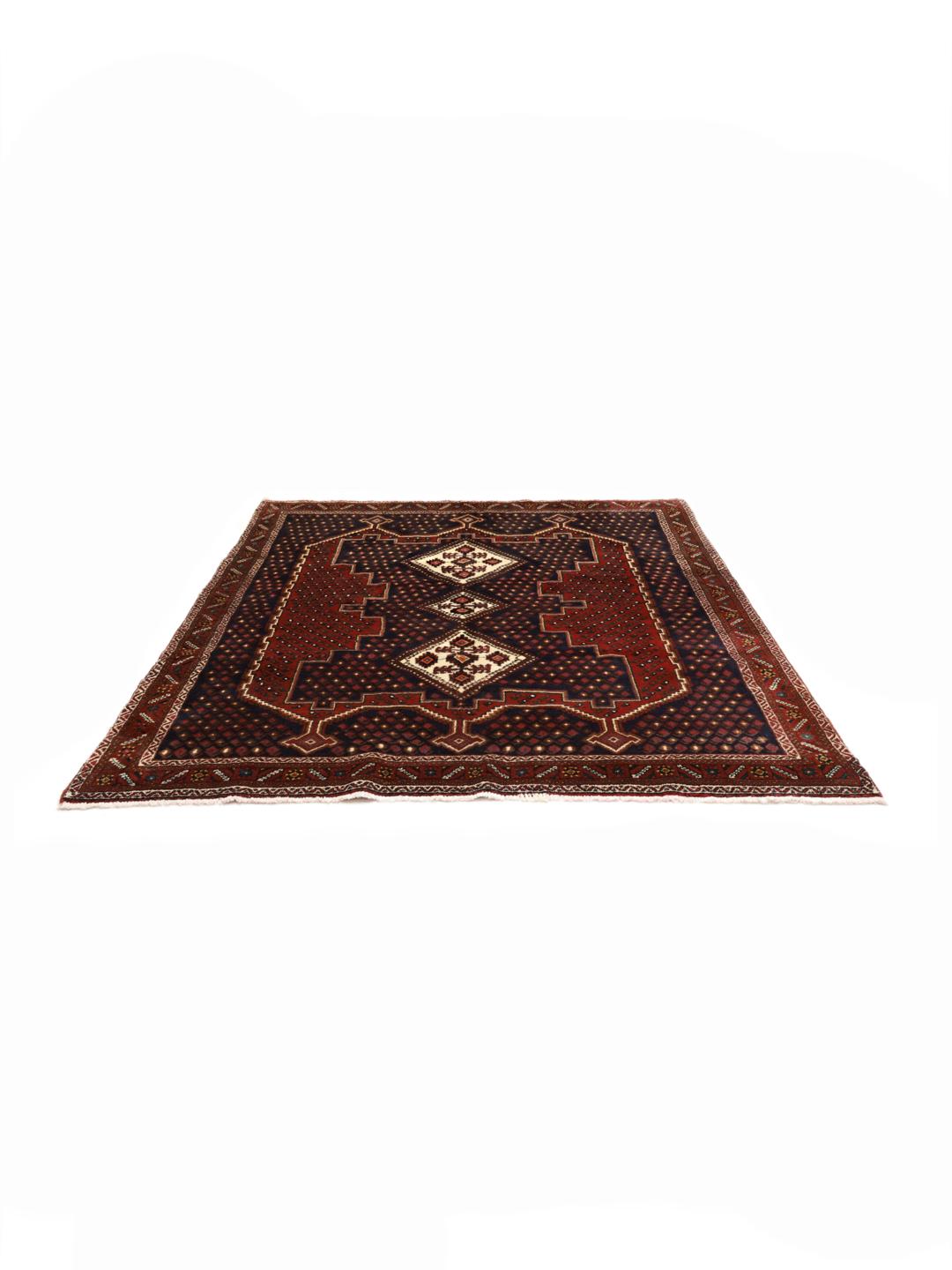 Hand-knotted Afshar Shahre Babak rug from the Middle East featuring a dark-red and black geometric pattern.