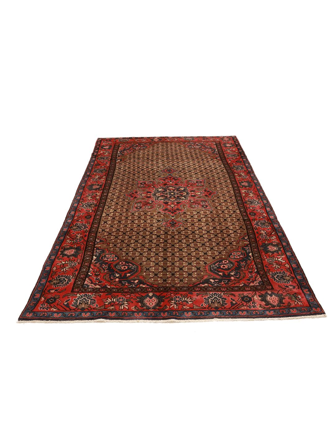 A unique hand-knotted Koliai rug from the Middle East in brown and red tones.