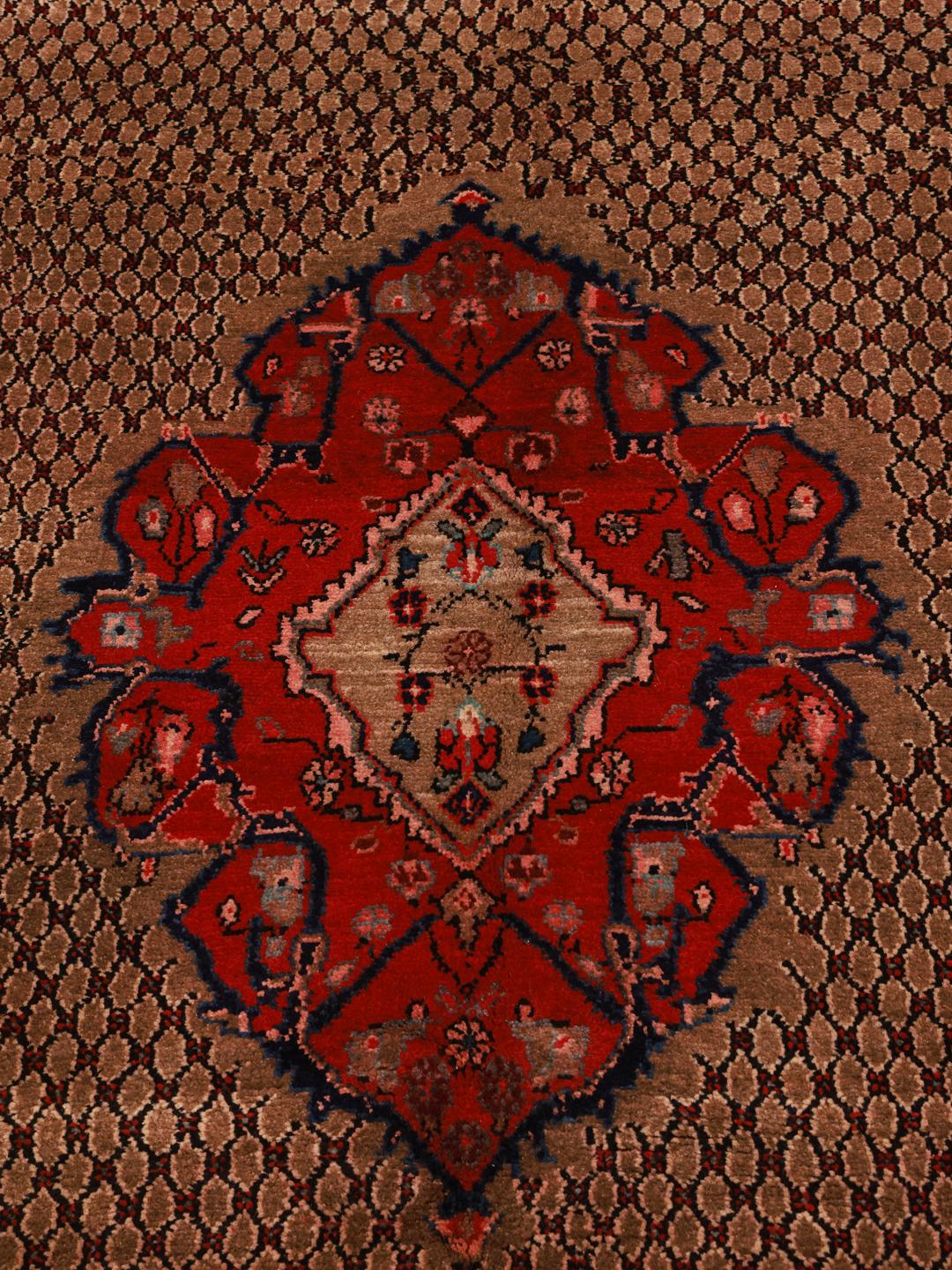 Hand-knotted Middle Eastern Koliai rug in shades of brown and red