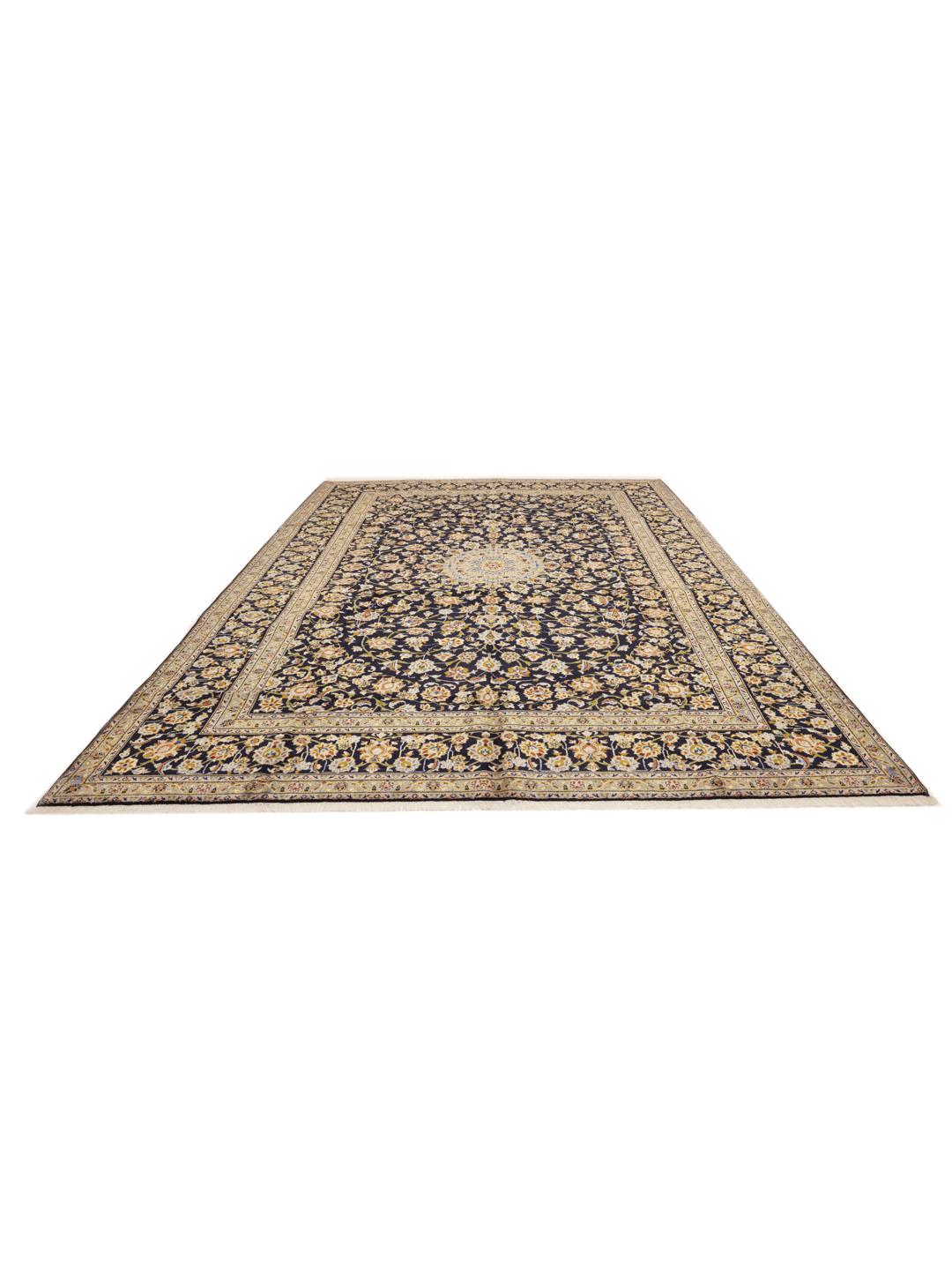 Hand-knotted Keshan rug from the Middle East in dark blue with intricate floral patterns