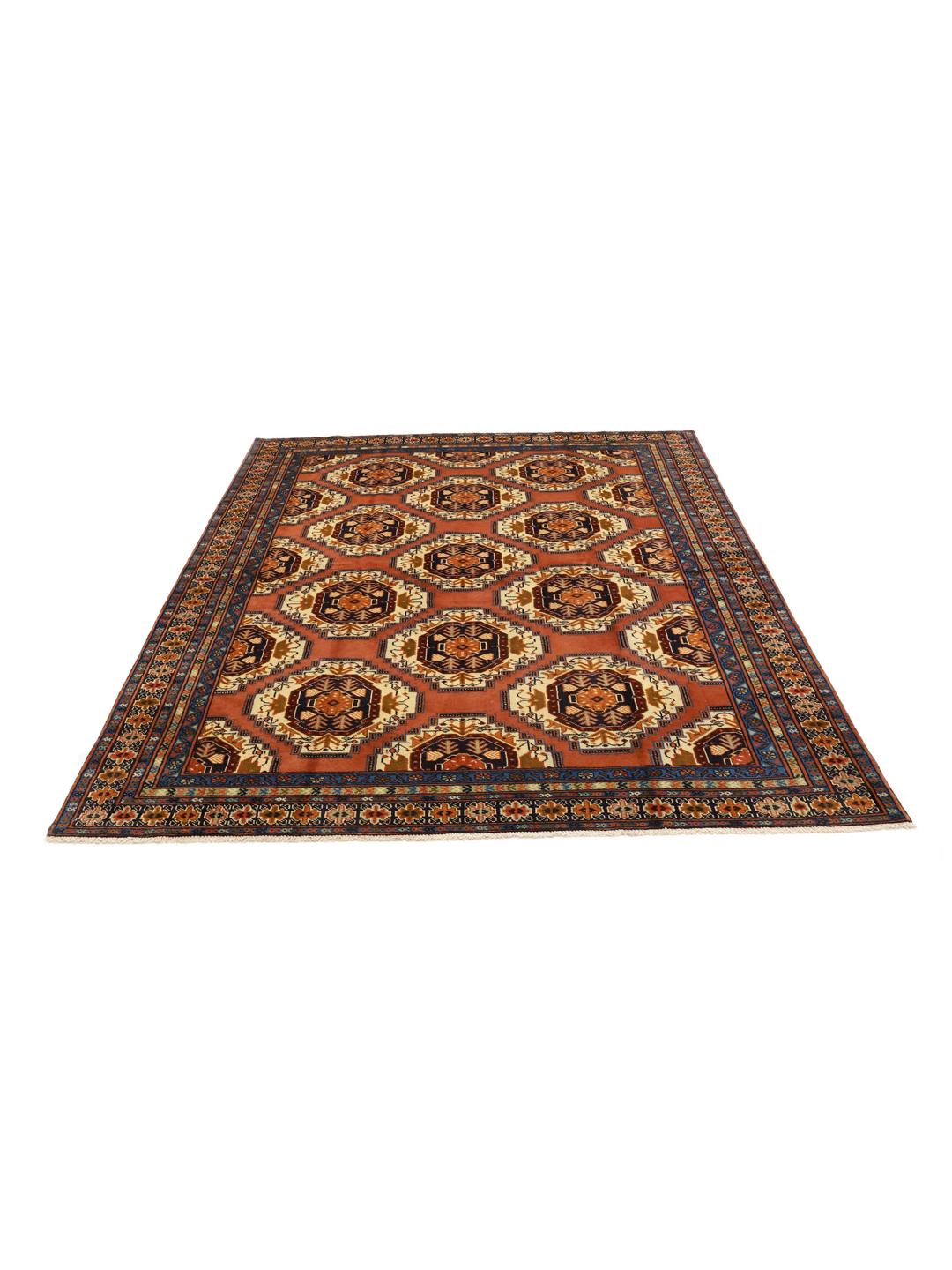 Hand-knotted Middle Eastern Turkaman rug in brown with geometric medallions