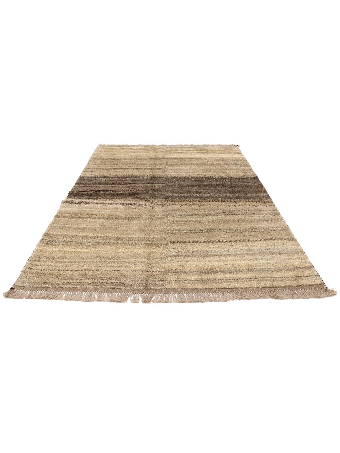 Hand-knotted Gabbeh rug with earthy brown and beige striped pattern from the Middle East.
