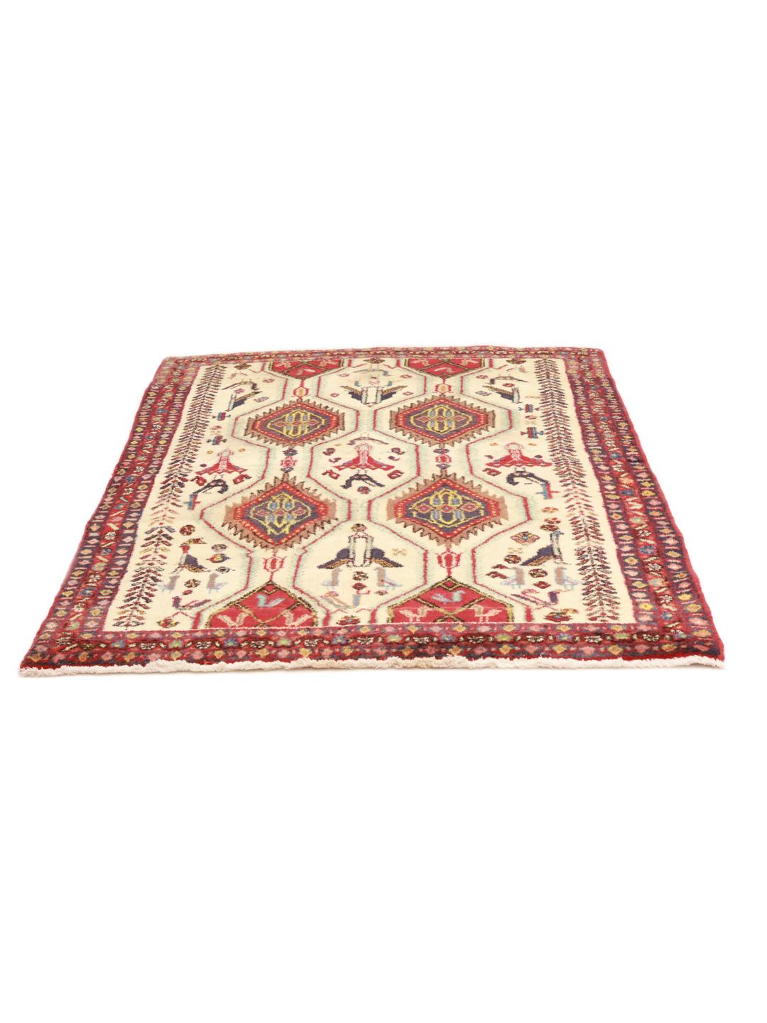 Hand-knotted Afshar Shahre Babak rug with red and beige tribal patterns from the Middle East