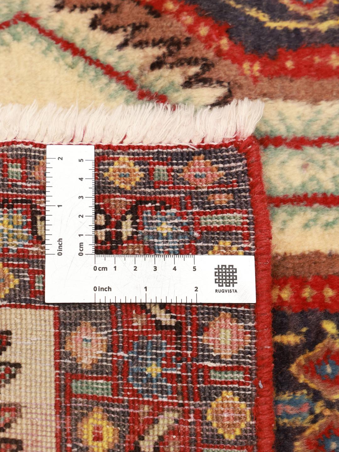 Hand-knotted Afshar Shahre Babak rug with red and beige tribal patterns from the Middle East