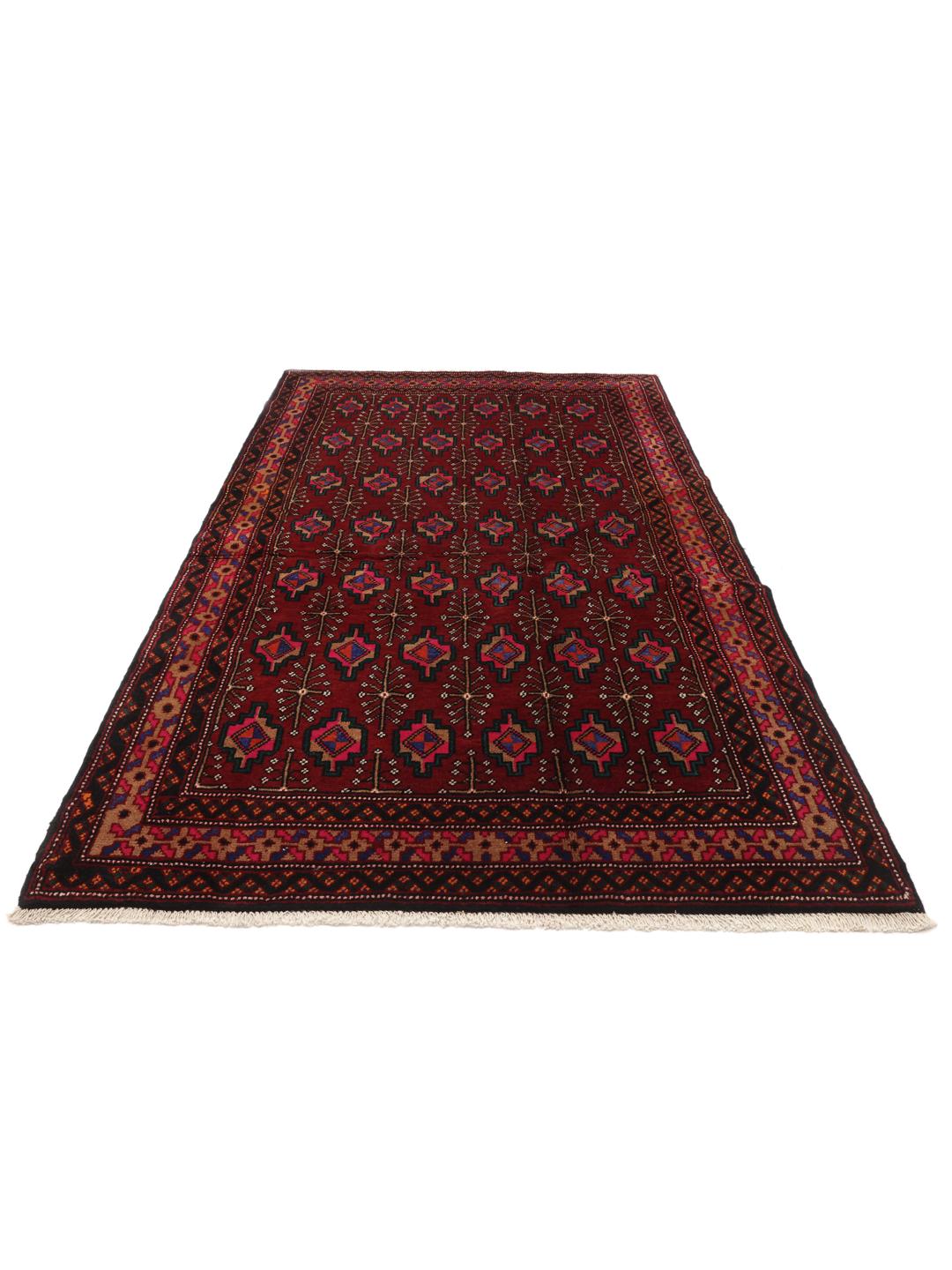 Handgeknoopt Turkaman-tapijt uit het Midden-Oosten in donkerrood met geometrische motieven
