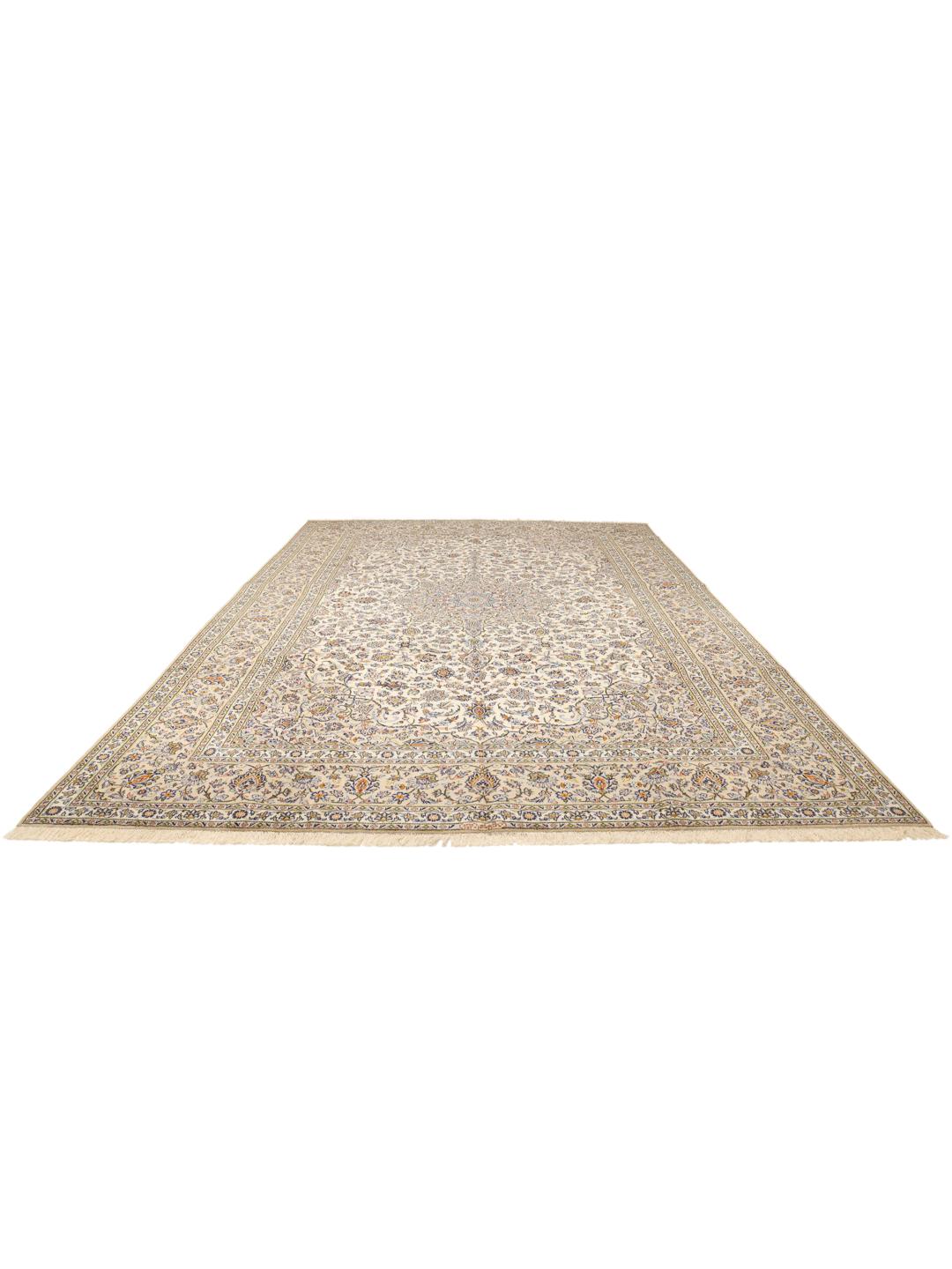 Hand-knotted Keshan rug from the Middle East featuring a floral medallion on a beige field