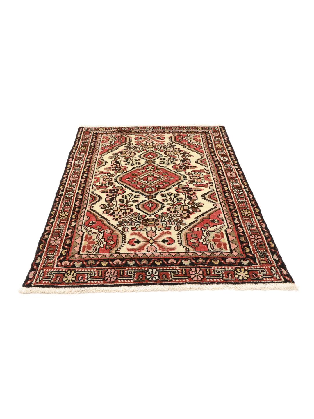 Hand-knotted Middle Eastern Hamadan rug with a red and beige floral medallion