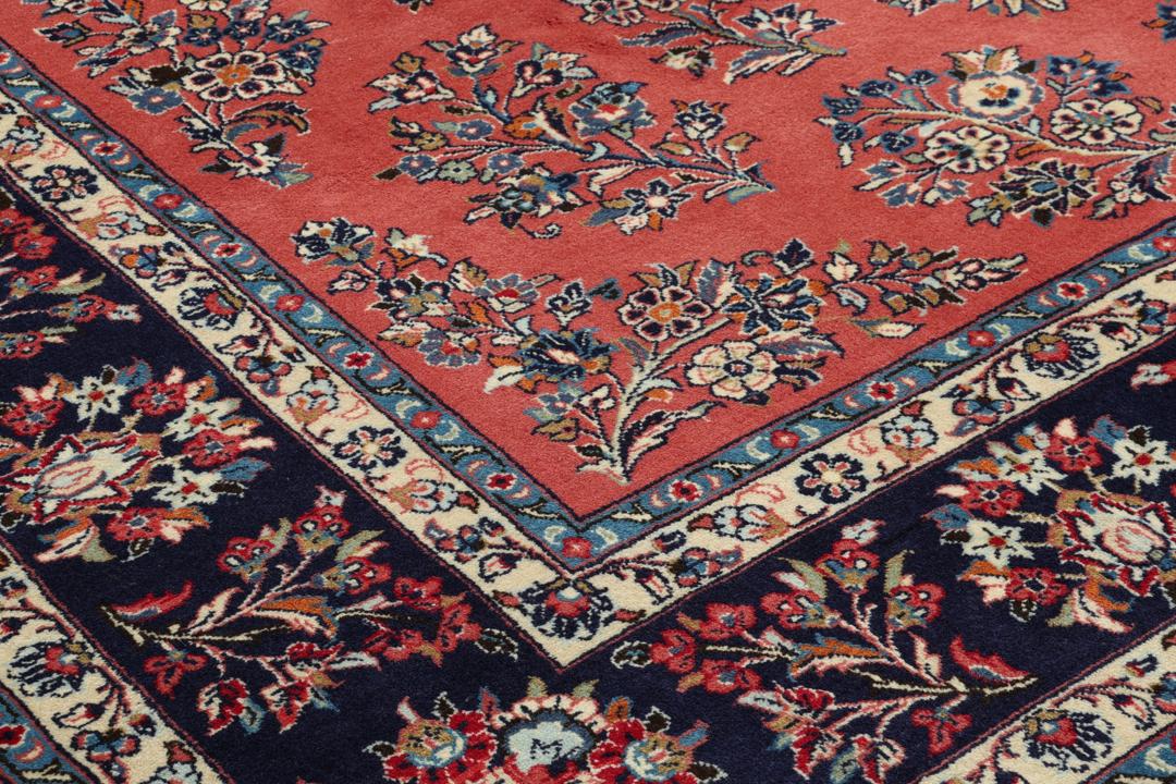 Handgeknoopt Sarough-tapijt uit het Midden-Oosten met bloempatronen in donkerrood en blauw
