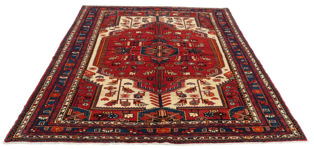 Hand-knotted Hamadan rug from the Middle East featuring a vibrant red and blue colour palette