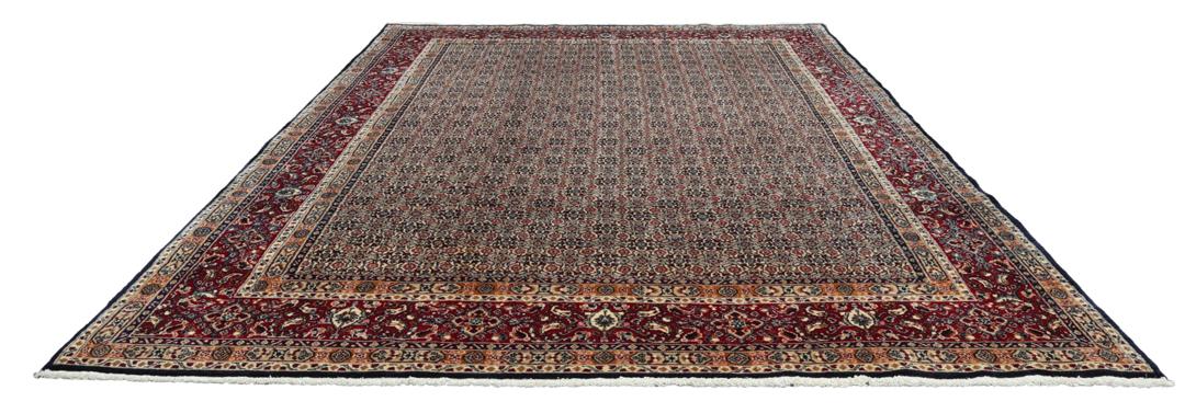 Hand-knotted Moud rug from the Middle East in shades of red and blue