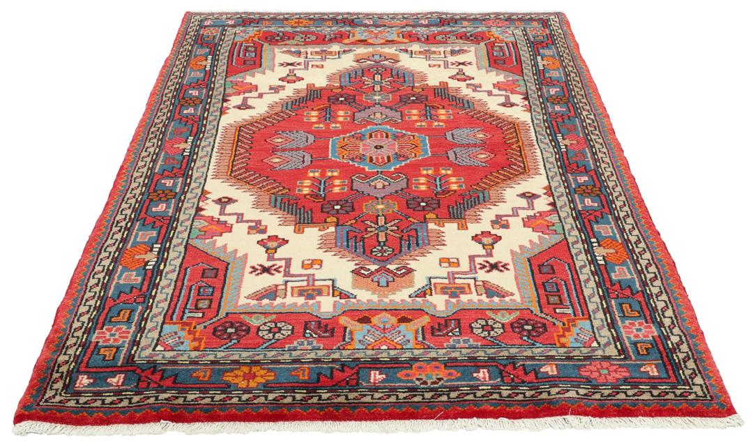 A hand-knotted Hamadan rug from the Middle East featuring a vibrant red and blue geometric design.
