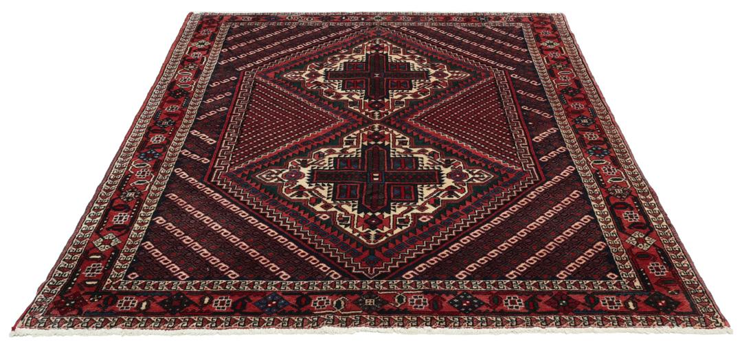 Handgeknoopt Afshar Shahre Babak-tapijt met geometrische patronen in rood en blauw