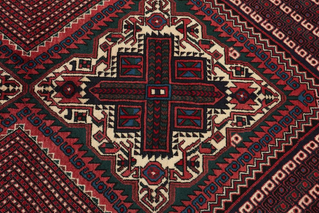 Handgeknoopt Afshar Shahre Babak-tapijt met geometrische patronen in rood en blauw