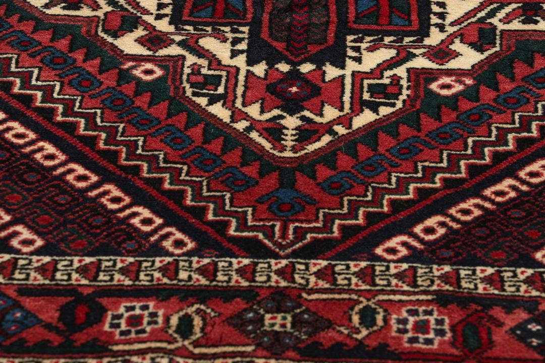 Handgeknoopt Afshar Shahre Babak-tapijt met geometrische patronen in rood en blauw