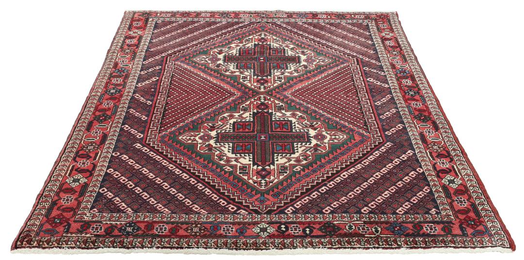 Handgeknoopt Afshar Shahre Babak-tapijt met geometrische patronen in rood en blauw