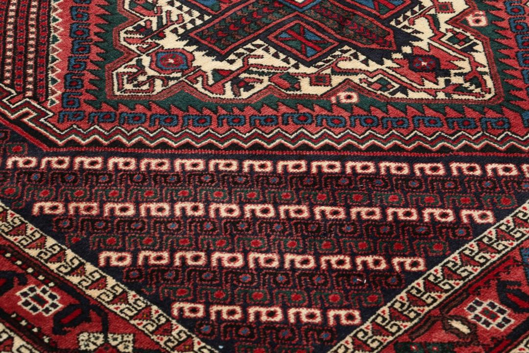Handgeknoopt Afshar Shahre Babak-tapijt met geometrische patronen in rood en blauw