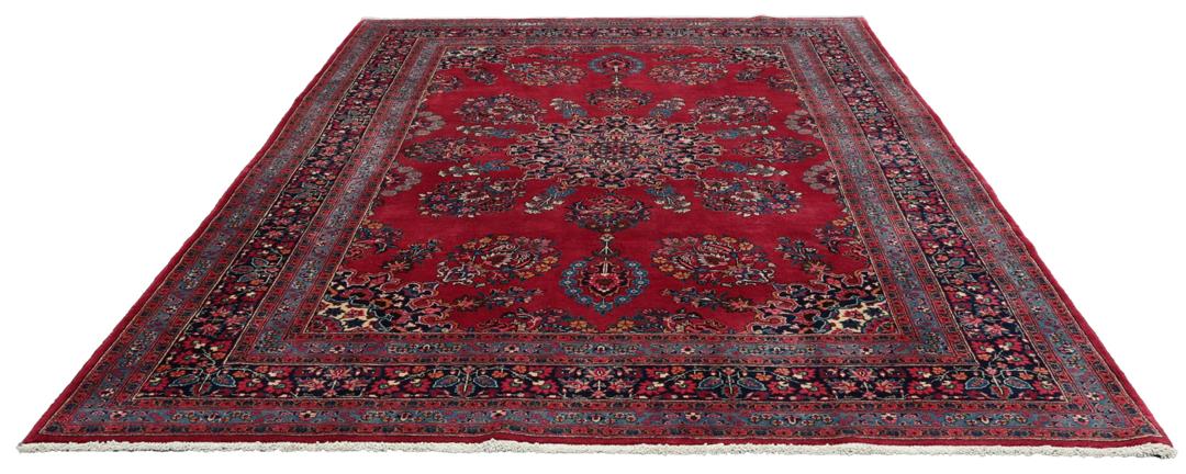 Tapis Mashad rouge noué à la main originaire du Moyen-Orient