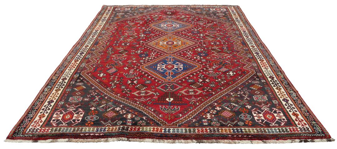 Handgeknoopt Shiraz-tapijt met traditionele tribale patronen uit het Midden-Oosten in rood en blauw