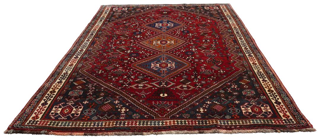 Handgeknoopt Shiraz-tapijt met traditionele tribale patronen uit het Midden-Oosten in rood en blauw