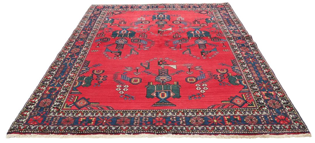 Handgeknoopt Afshar-tapijt uit het Midden-Oosten met een levendig rood veld en tribale motieven