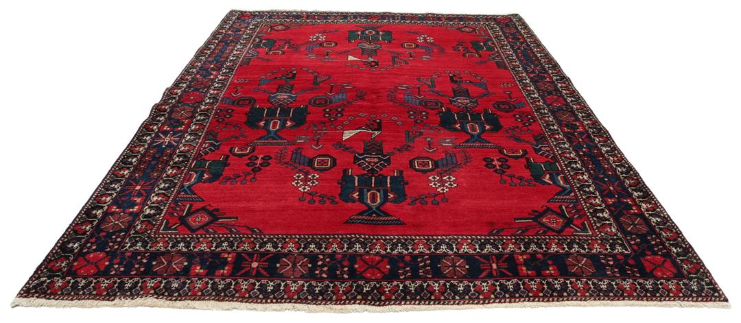 Handgeknoopt Afshar-tapijt uit het Midden-Oosten met een levendig rood veld en tribale motieven