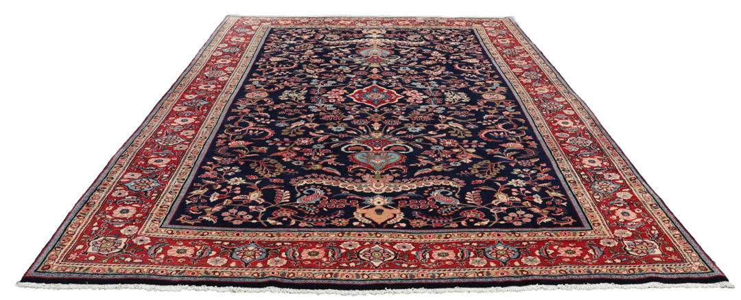 Handgeknoopt Mahal-tapijt uit het Midden-Oosten in donkerblauw en rood