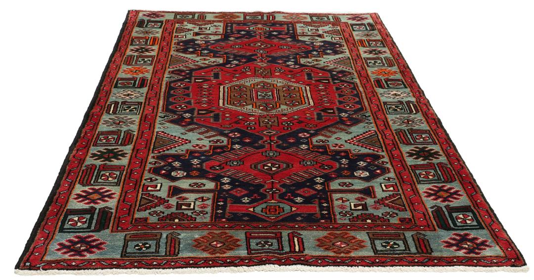Hand-knotted Hamadan rug with traditional geometric patterns in red and blue tones from the Middle East