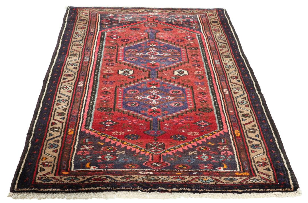 Hand-knotted Hamadan rug from the Middle East in shades of red and blue