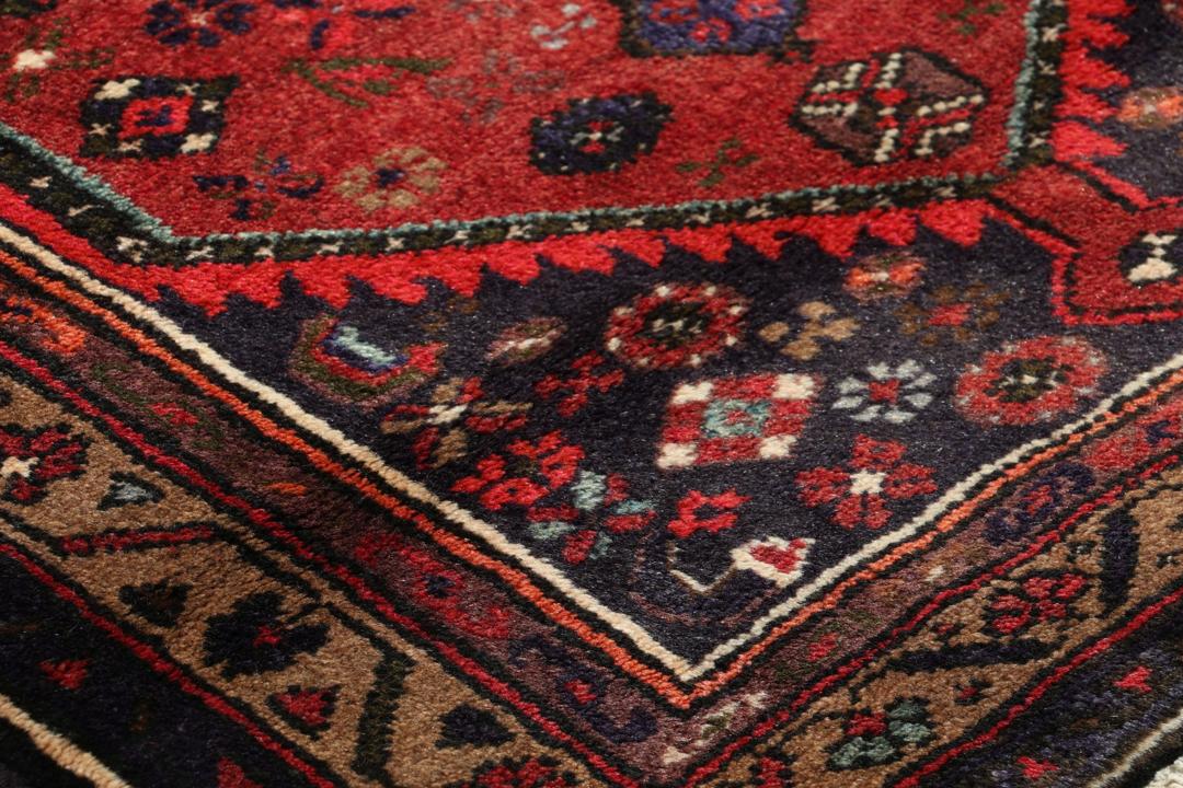 Hand-knotted Hamadan rug from the Middle East in shades of red and blue