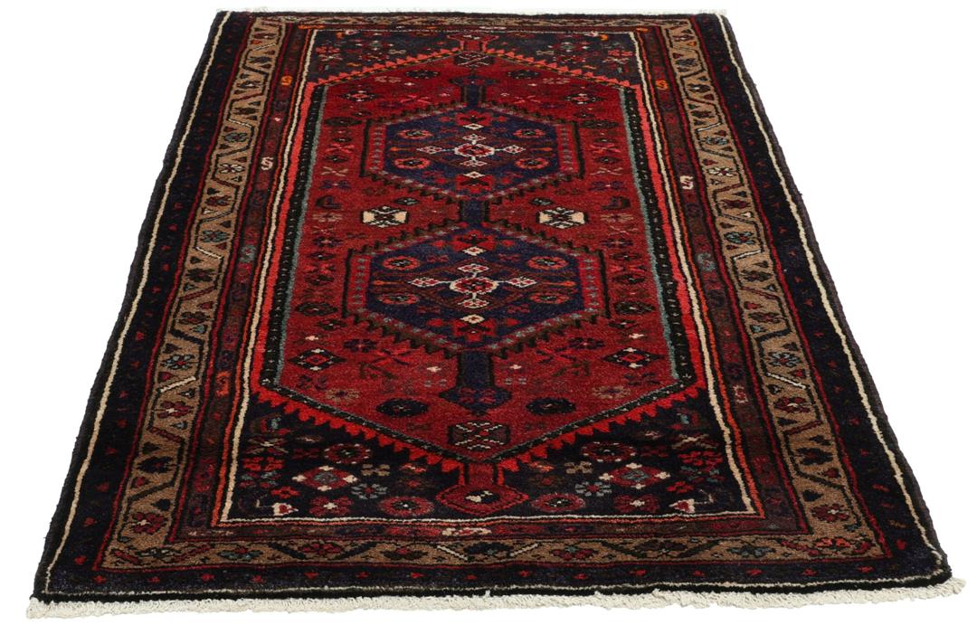 Hand-knotted Hamadan rug from the Middle East in shades of red and blue