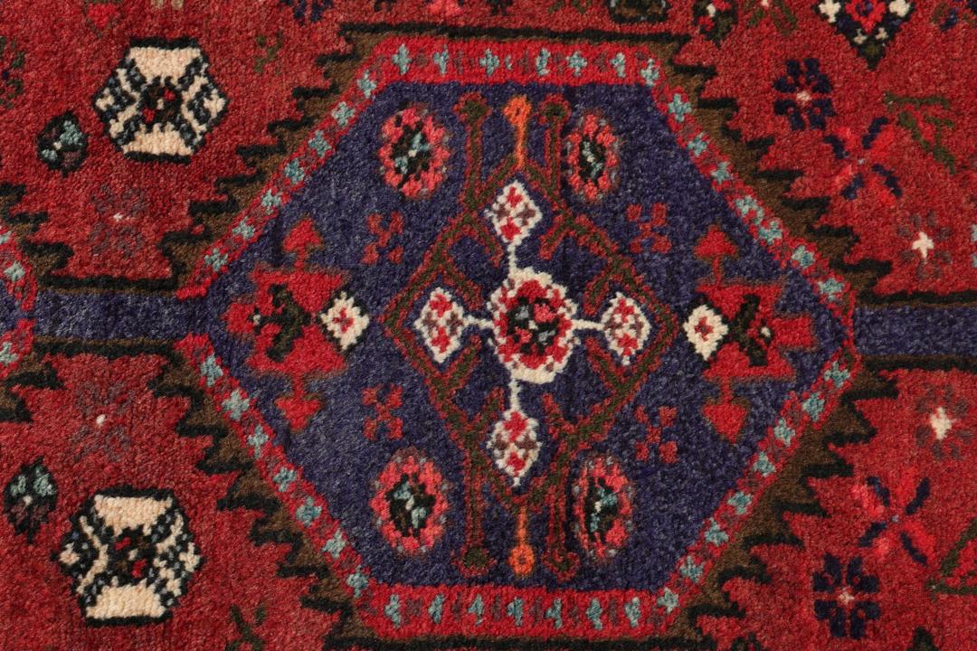 Hand-knotted Hamadan rug from the Middle East in shades of red and blue
