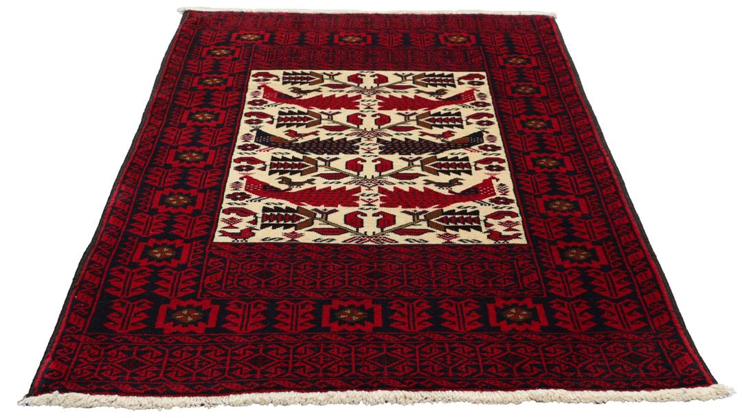 Hand-knotted Middle Eastern Baluch rug in red and cream tones