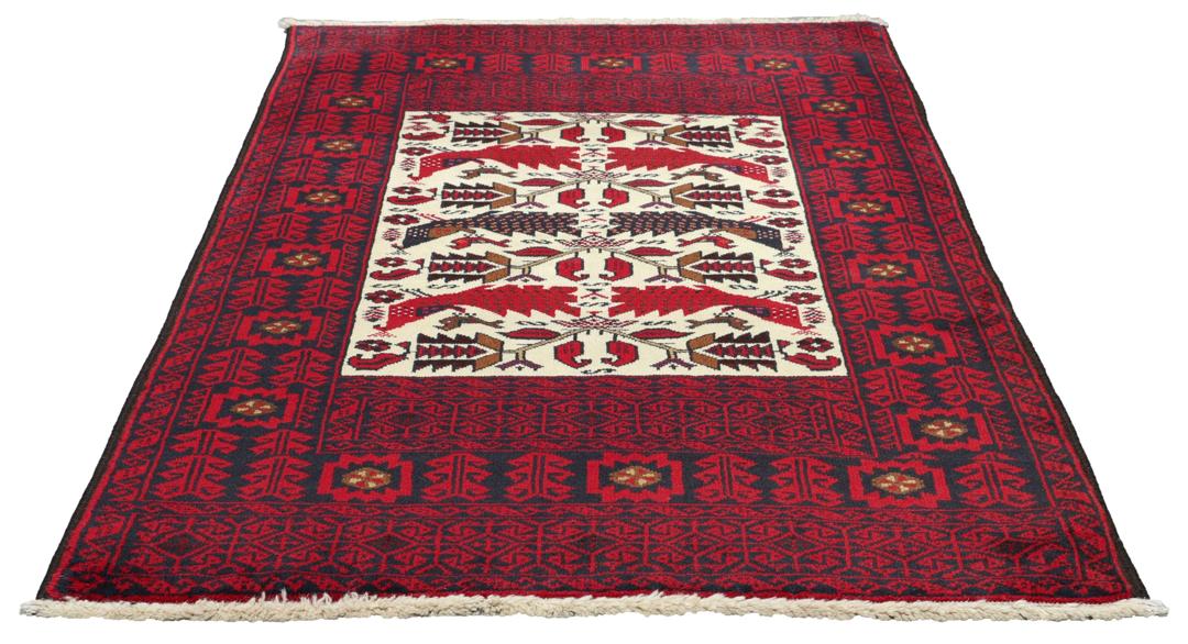 Hand-knotted Middle Eastern Baluch rug in red and cream tones