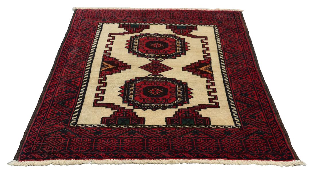 Handgeknoopt Beluch-tapijt uit het Midden-Oosten met rode en beige geometrische patronen