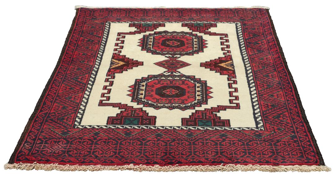 Handgeknoopt Beluch-tapijt uit het Midden-Oosten met rode en beige geometrische patronen