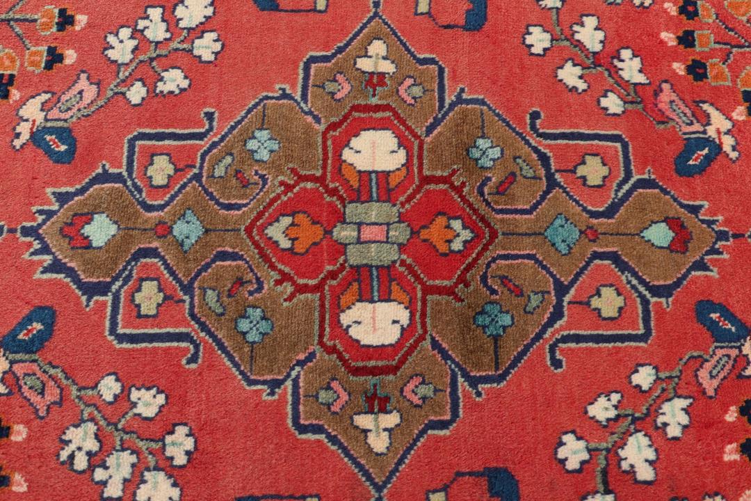 Hand-knotted Hamadan runner rug in red with traditional Middle Eastern geometric patterns.