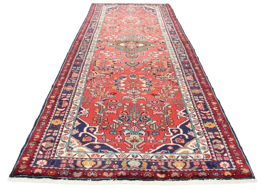 Hand-knotted red Hamadan runner with traditional floral motifs