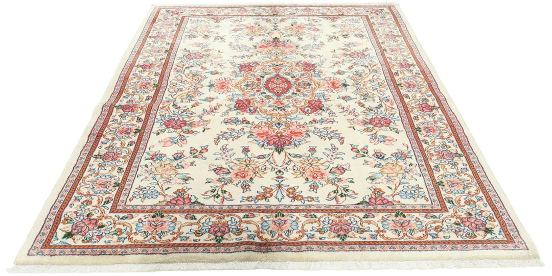 Håndknyttet beige Mahal-tæppe med komplekse blomstermønstre fra Mellemøsten