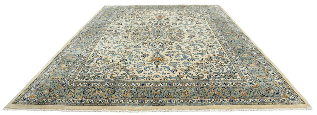 Handgeknoopt Mashad-tapijt uit het Midden-Oosten in blauwe en beige tinten