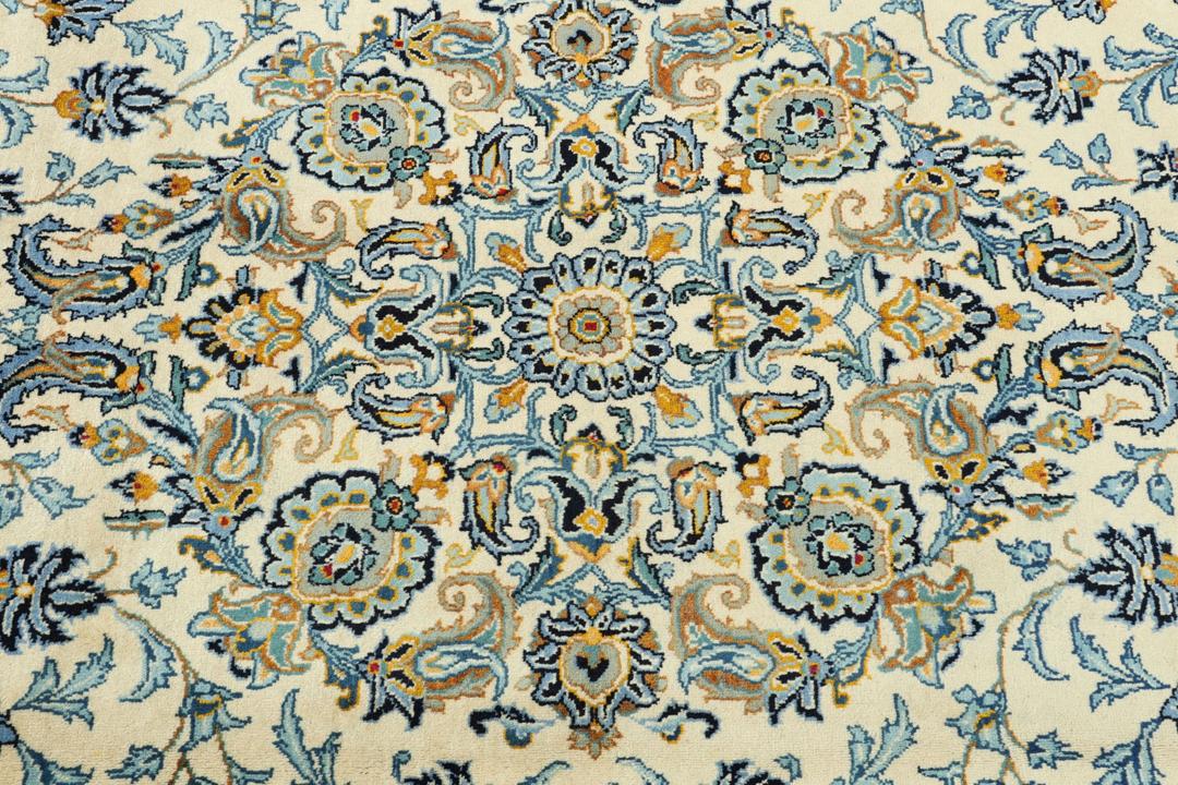 Handgeknoopt Mashad-tapijt uit het Midden-Oosten in blauwe en beige tinten