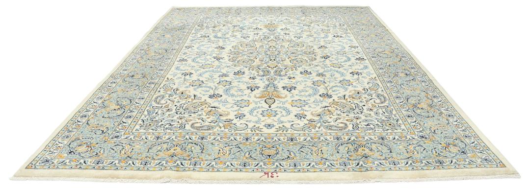 Handgeknoopt Mashad-tapijt uit het Midden-Oosten in blauwe en beige tinten