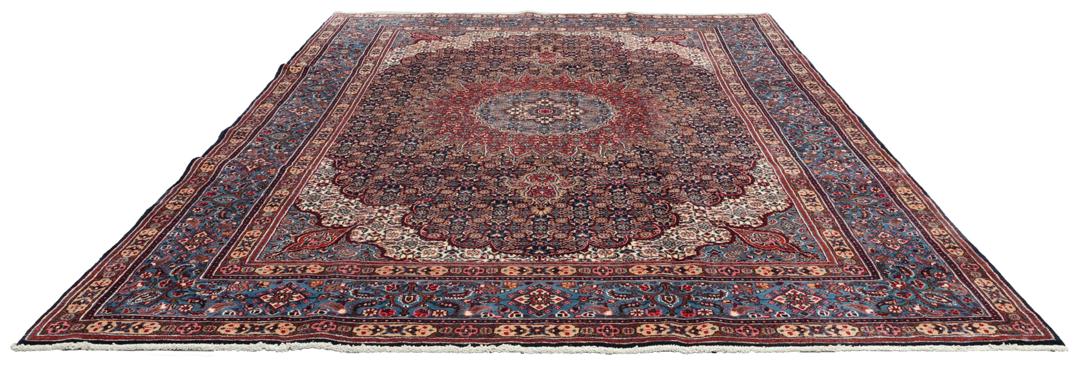 Handgeknoopt Moud-tapijt uit het Midden-Oosten in tinten blauw en rood