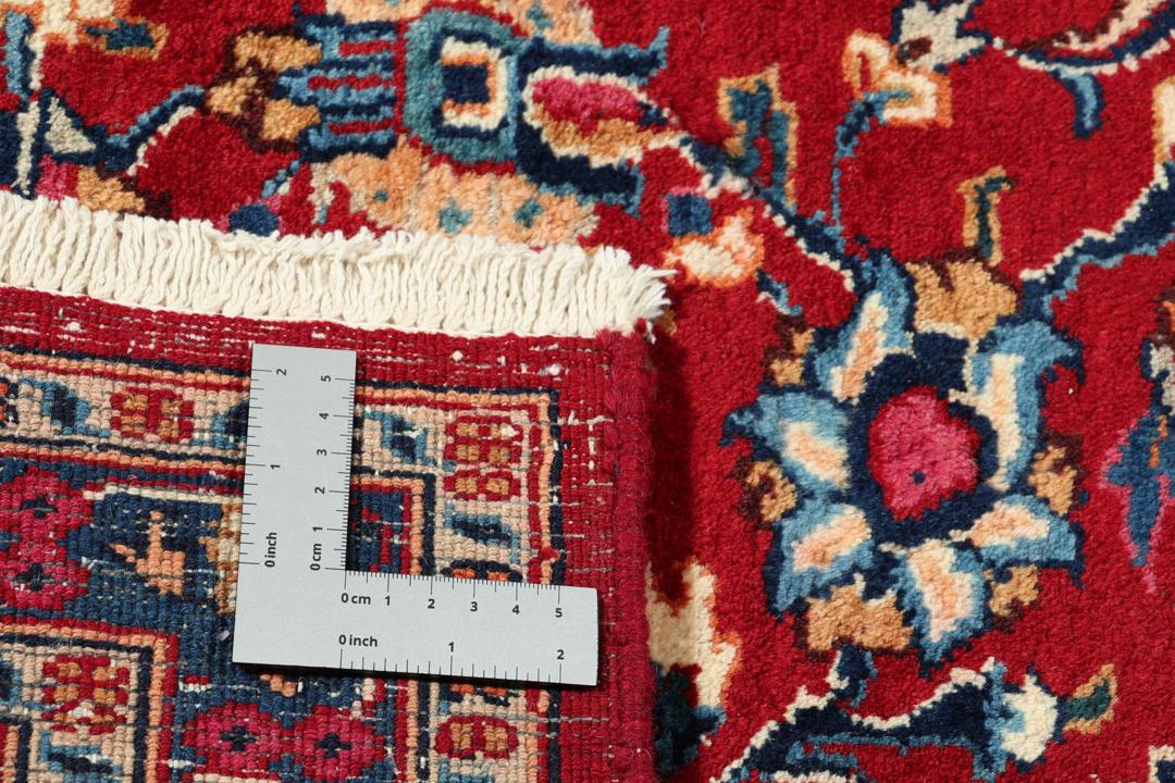 Håndknyttet Mashad-tæppe fra Mellemøsten med et rødt og blåt blomstermedaljon-design