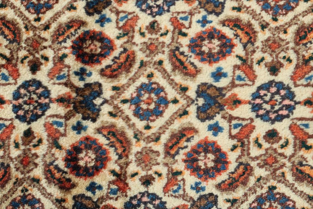 Hand-knotted Moud rug with intricate patterns in multicolor Wool from the Middle East